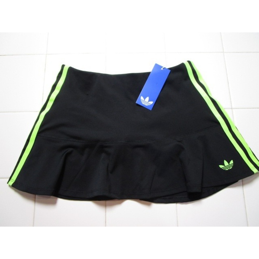 Adidas Originals JW2647 Black Neon Green Stripe Ruffle Mini Skirt Women's XS